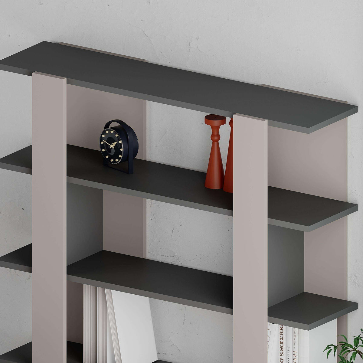 Modern bookcase display unit with anthracite shelves and white side panels