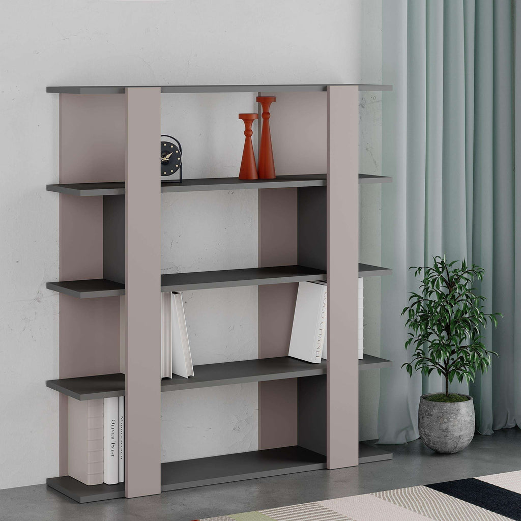 Modern bookcase display unit with open central shelves in light mocha and anthracite