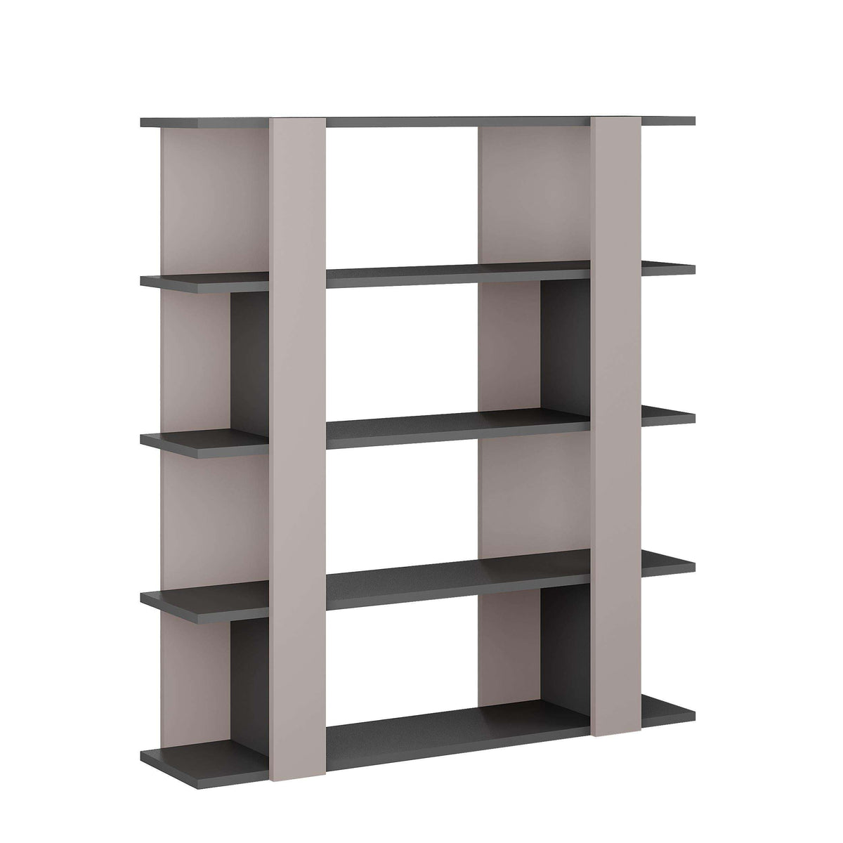 Grey open bookcase with four columns and five rows of open shelving