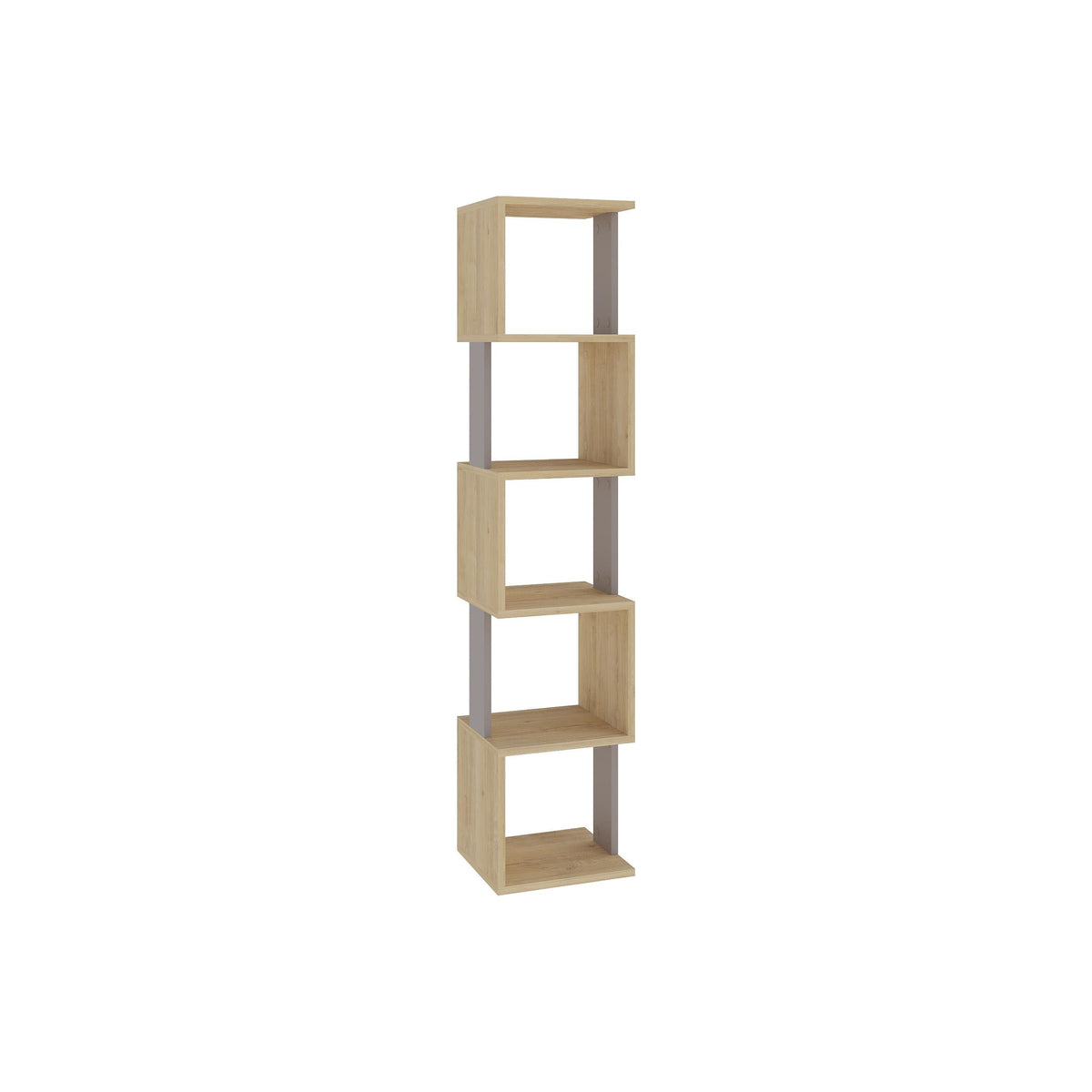 Tall modular bookcase display unit with open square shelves in light oak and white