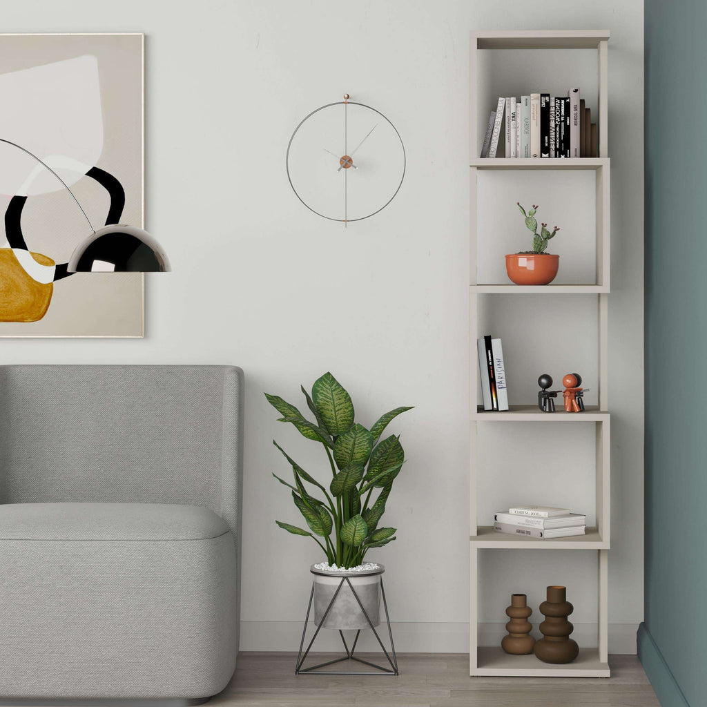 Tall modern bookcase display unit with open cubby shelves in white and anthracite