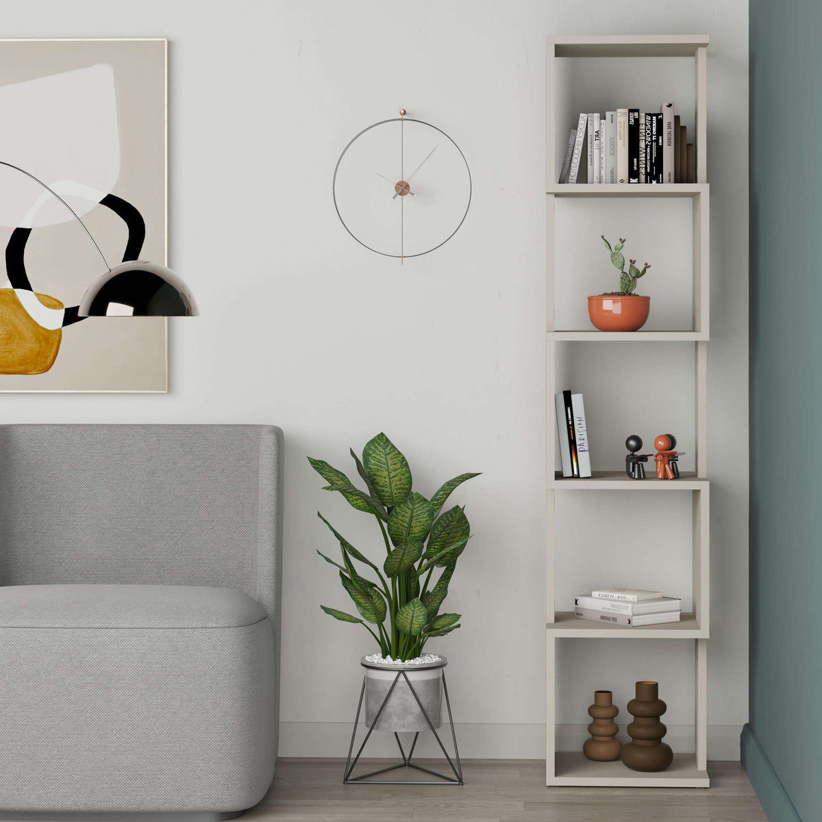 Tall modern bookcase display unit in white with five open shelves and cubbies