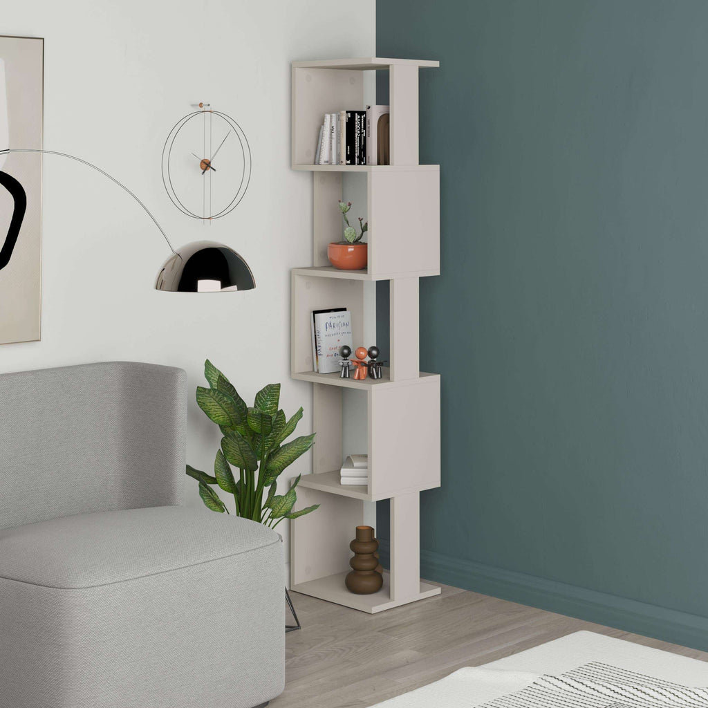 Tall bookcase display unit with open shelves in light oak and white frame