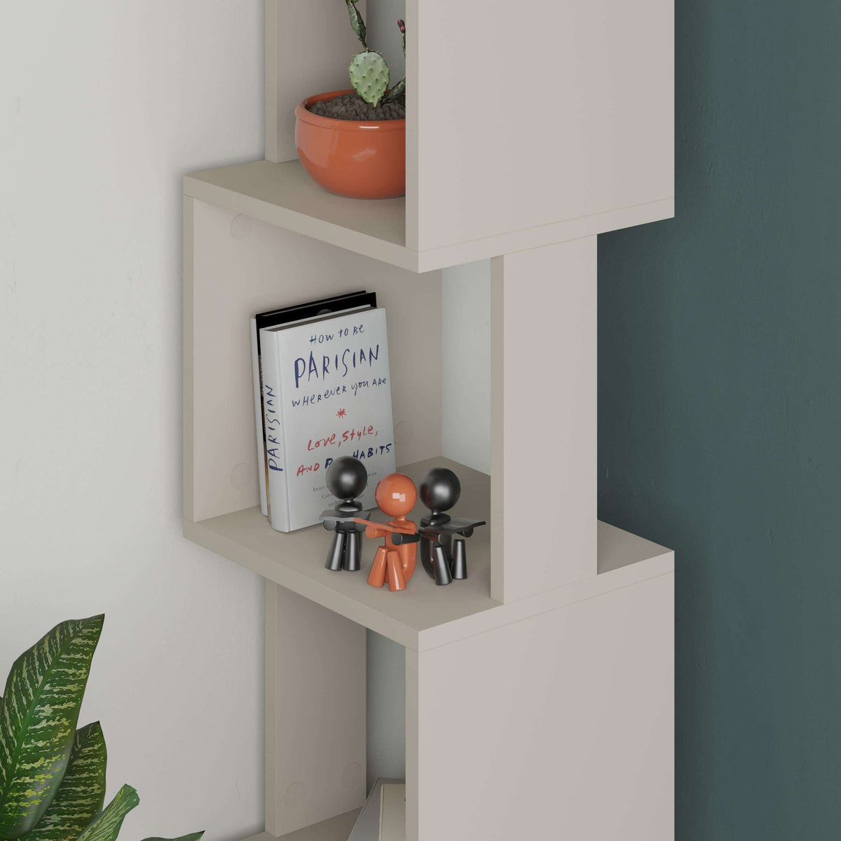 Bookcase corner with open shelves in light sandstone and white frame