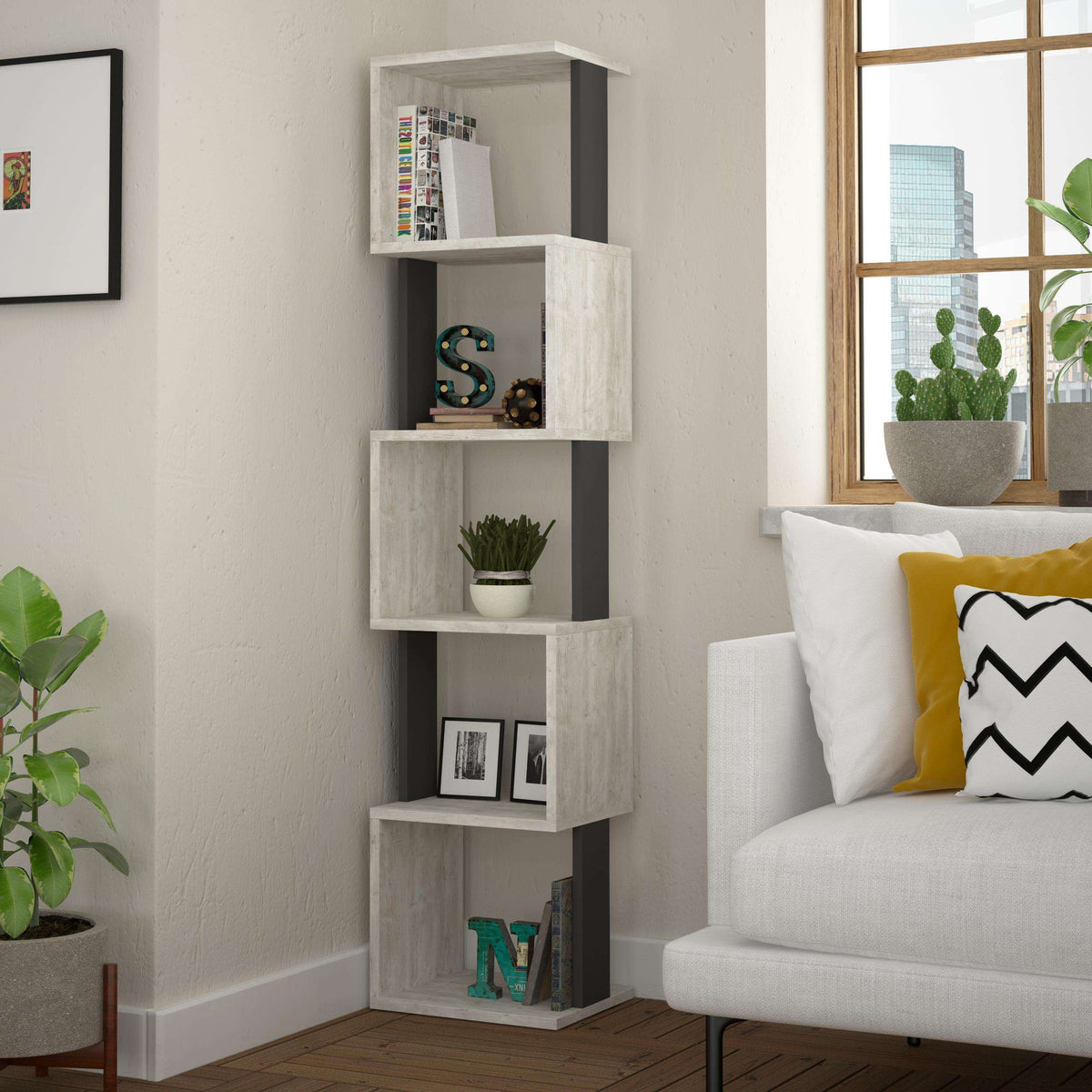 Tall modern bookcase display unit in light grey with open cubby shelves for decor