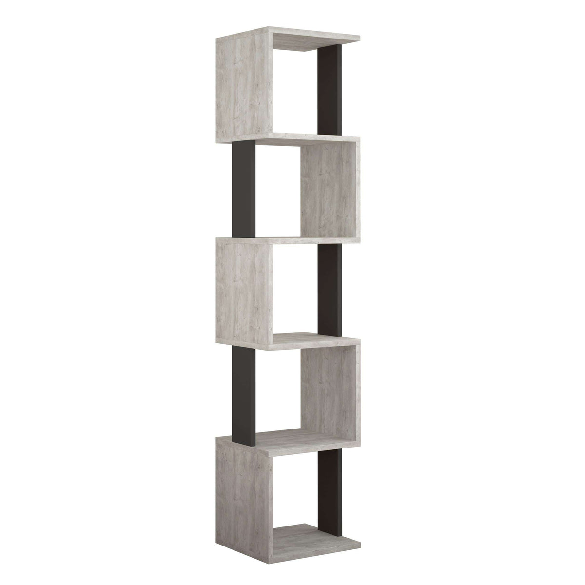 Tall modern bookcase display unit in light oak and anthracite with open square shelves