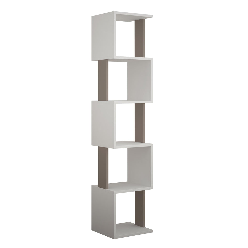 Tall cube bookcase with open shelves, white frames and anthracite side panels