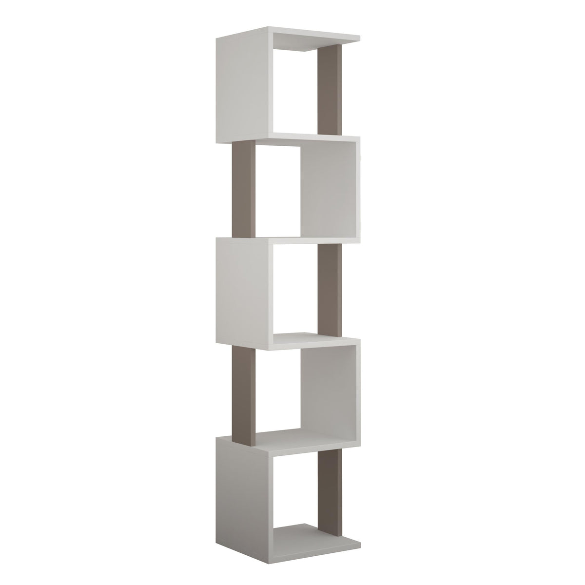 Tall cube bookcase with open shelves, white frames and anthracite side panels
