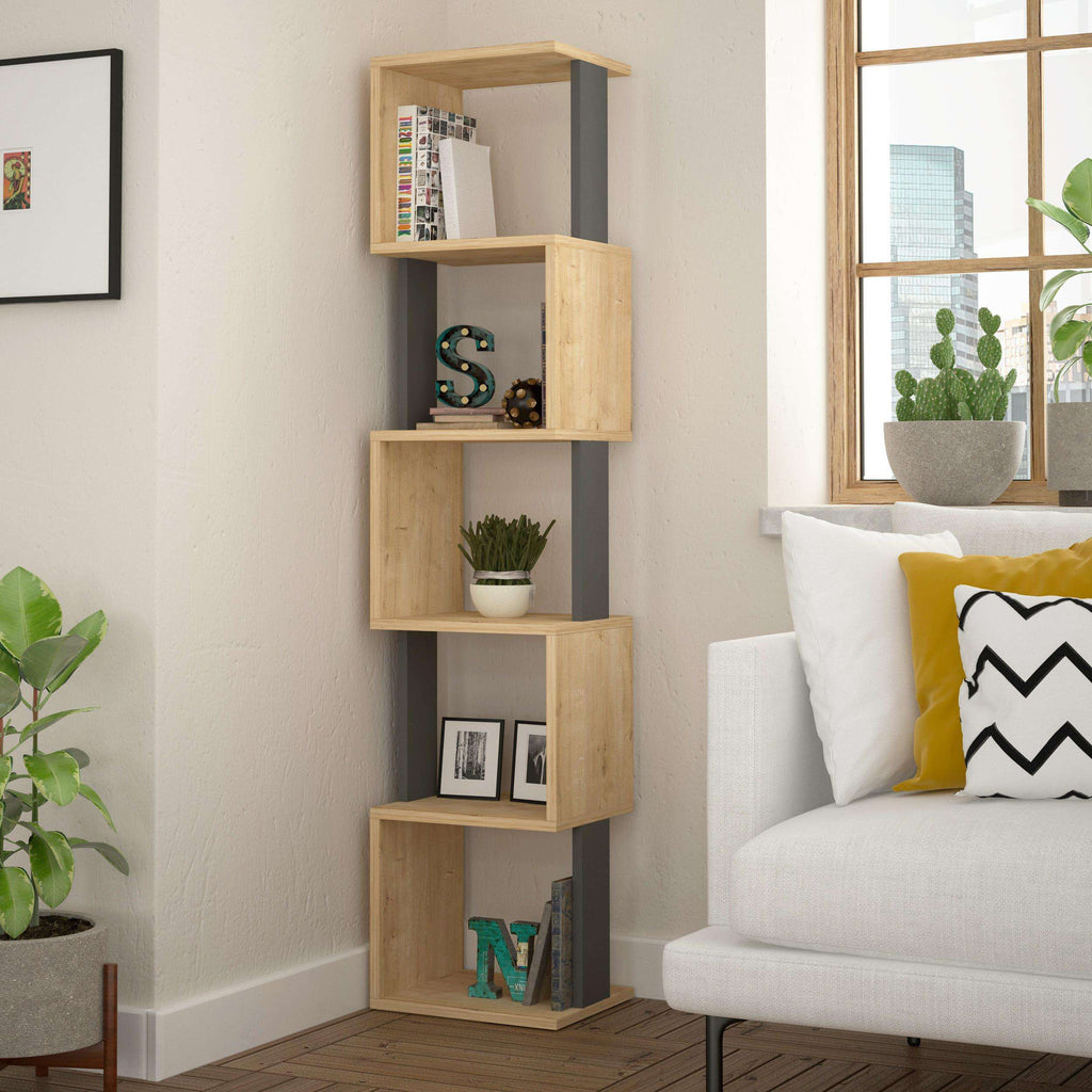 Tall oak cube bookcase with open shelves and dark gray side panels