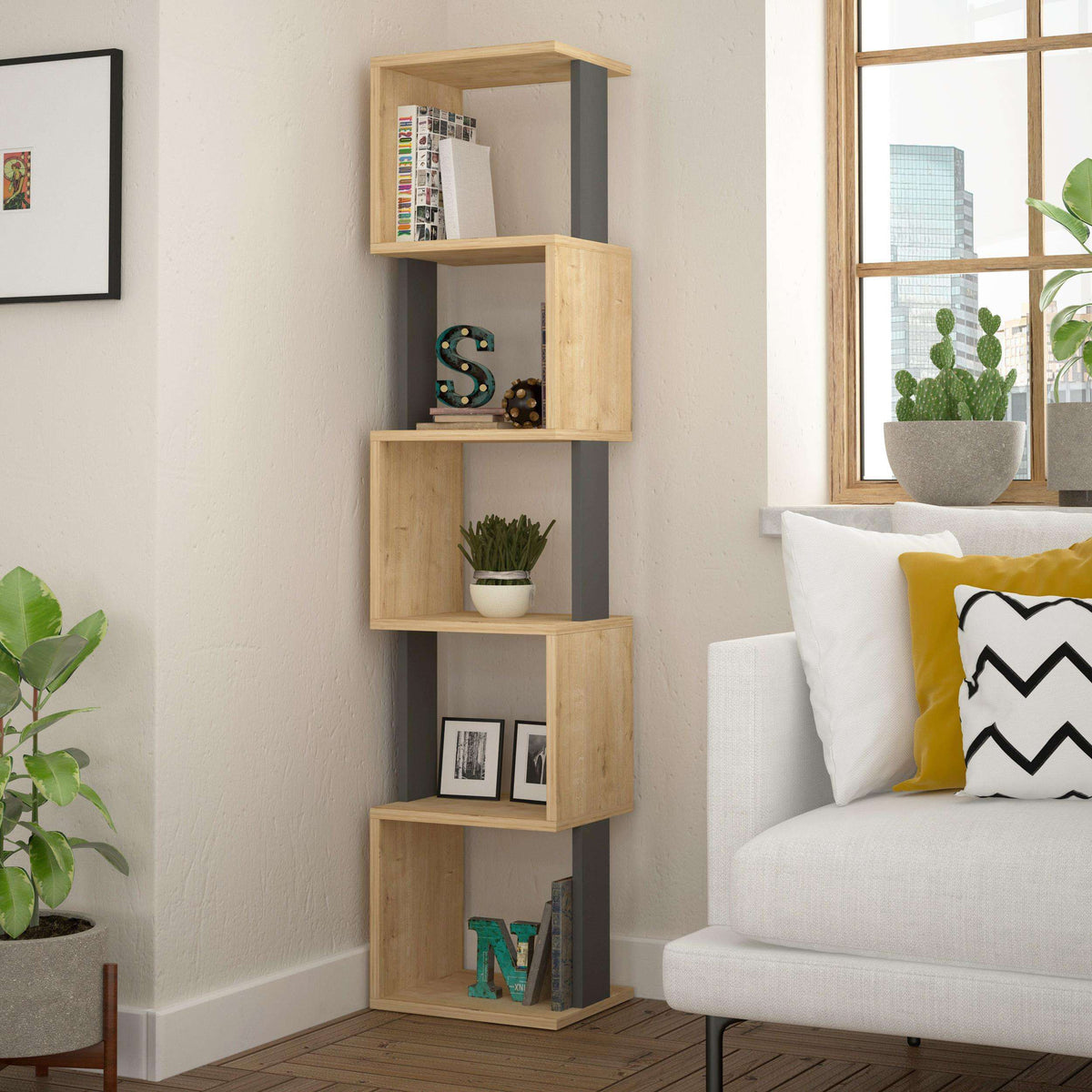 Tall oak cube bookcase with open shelves and dark gray side panels