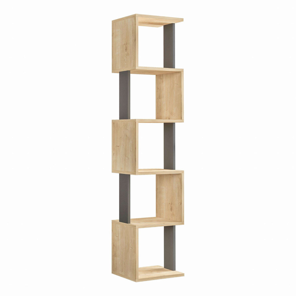 Tall light oak cube bookcase with open shelves and dark gray frame