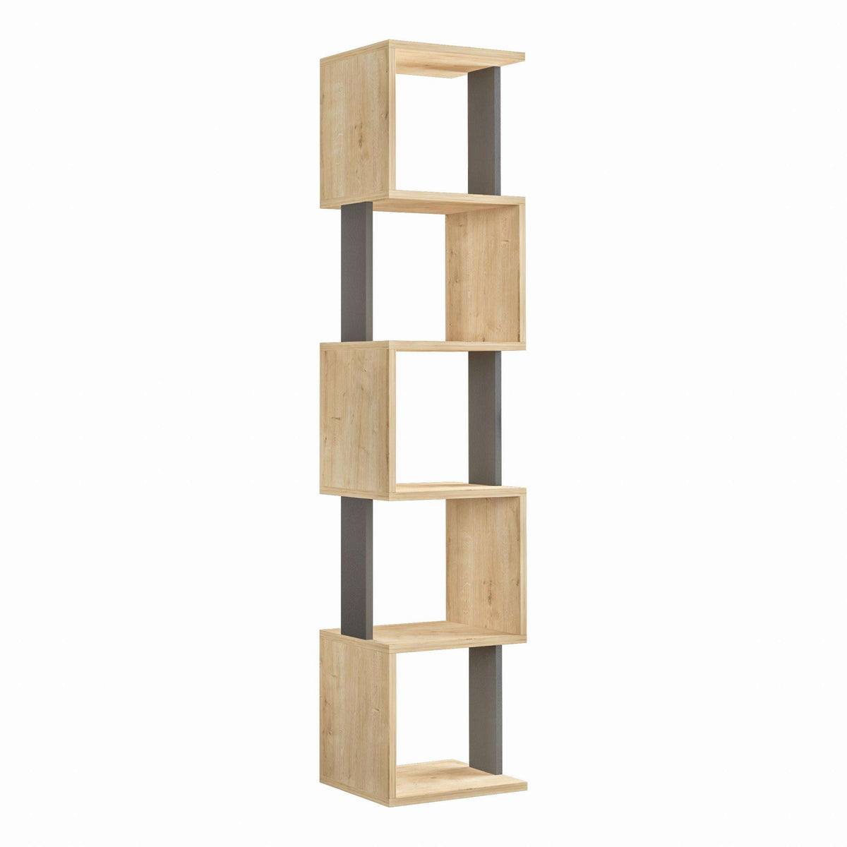 Tall light oak cube bookcase with open shelves and dark gray frame