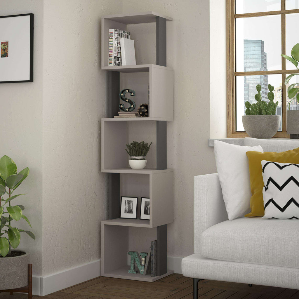 Tall bookcase display unit with open shelves, light frame and dark grey back panels