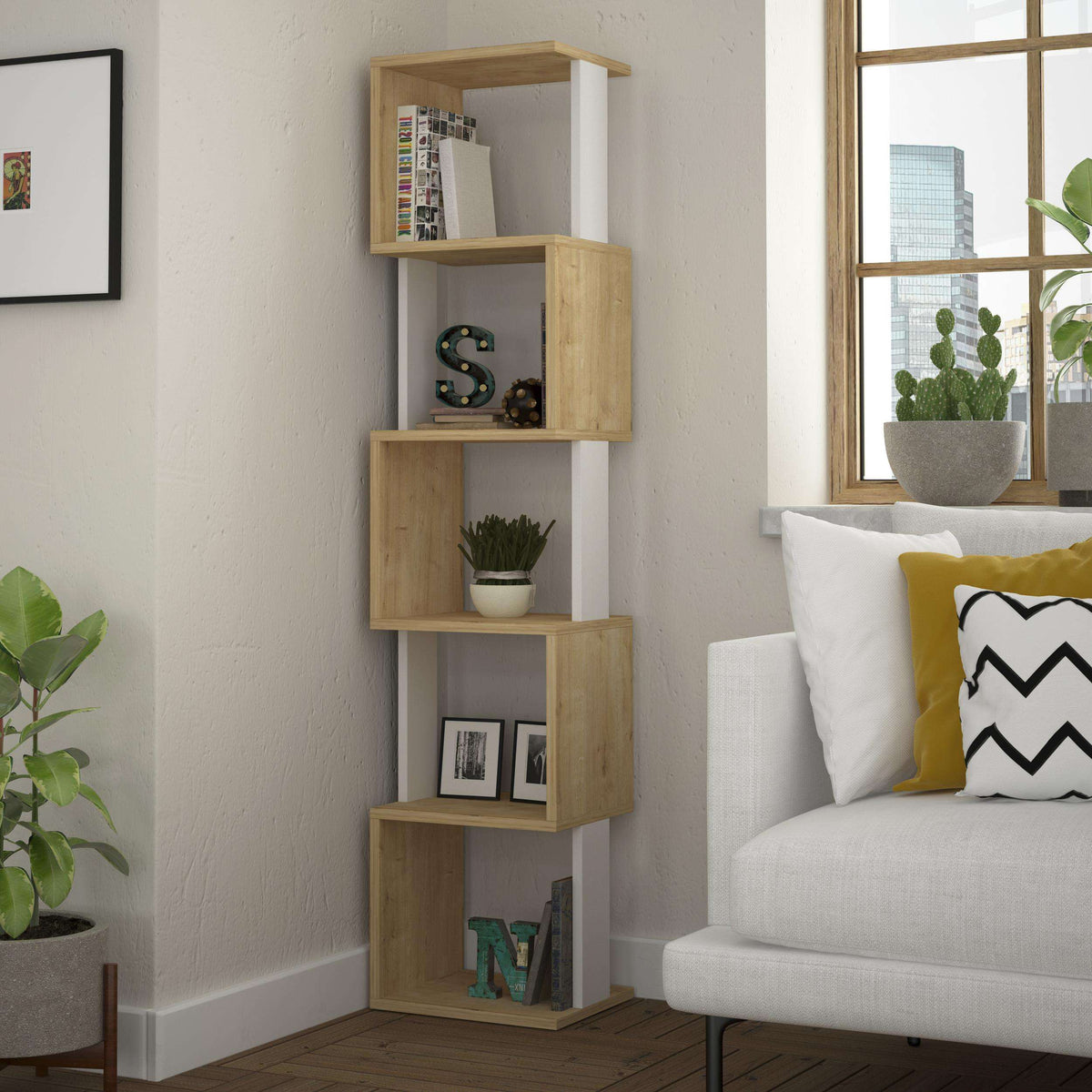 Tall bookcase display unit with open shelves, light oak shelves and white frame
