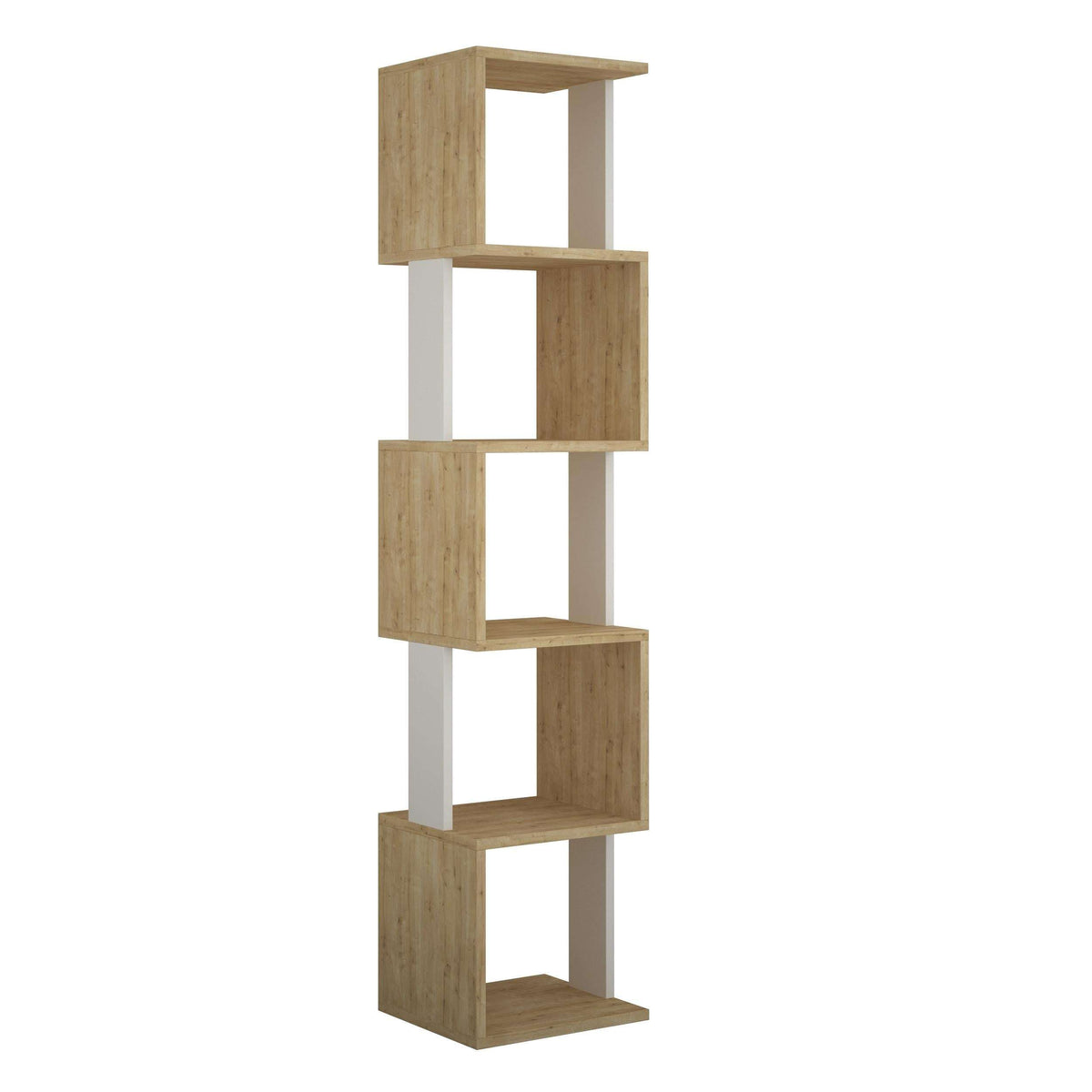 Tall bookcase display unit, open cubby shelves in oak with white side panels