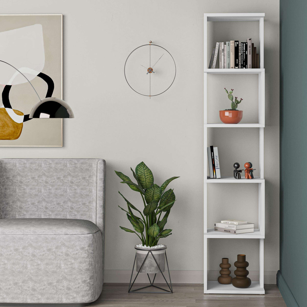 Tall white bookcase display unit with open shelves, styled with books and decor