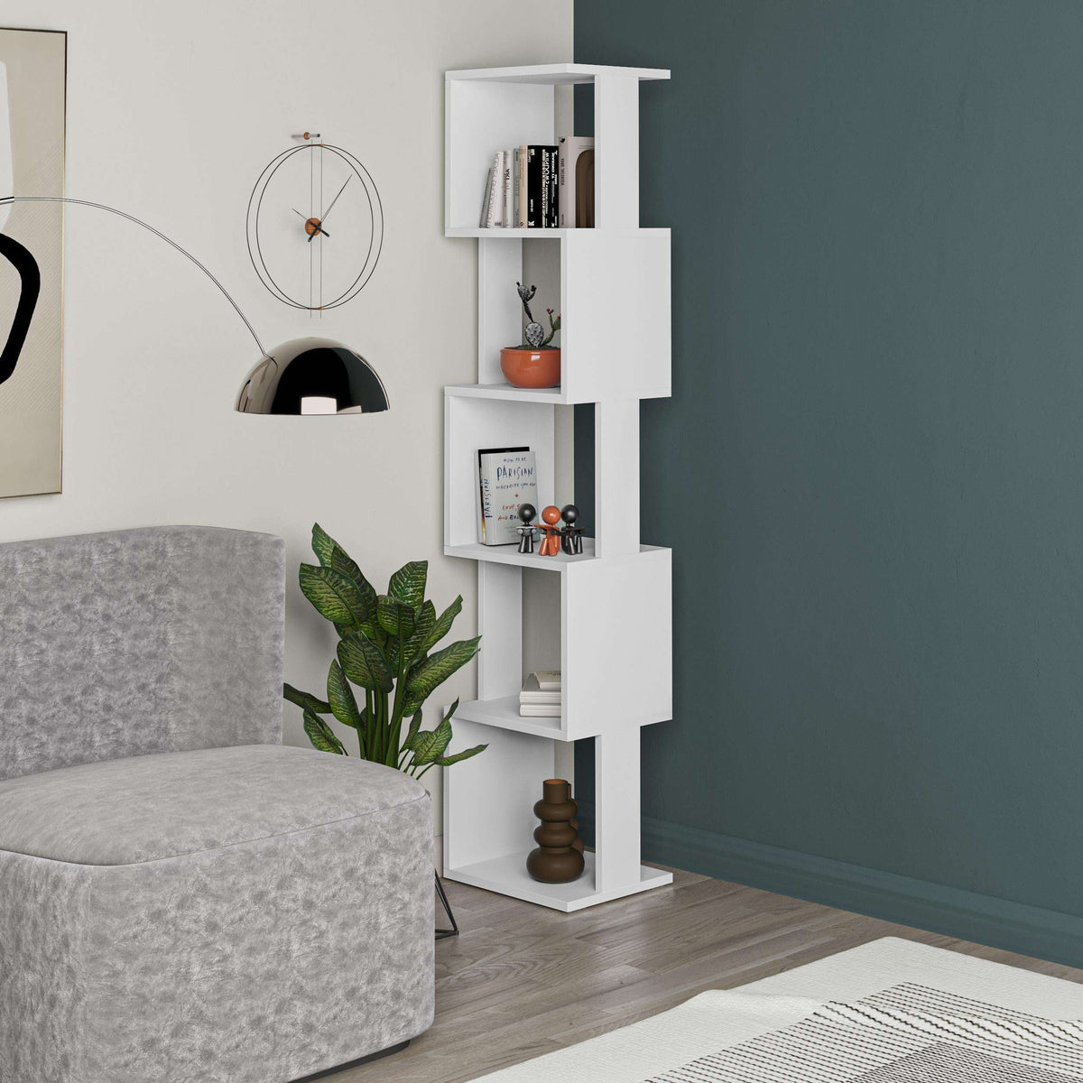 Tall white bookcase display unit with open cubby shelves and side support columns