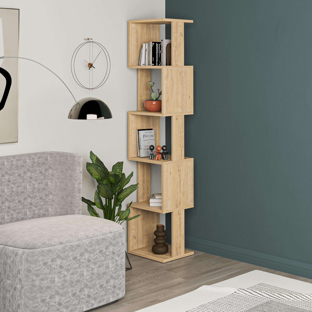 Tall oak-effect bookcase with open square shelves for displaying books and decor