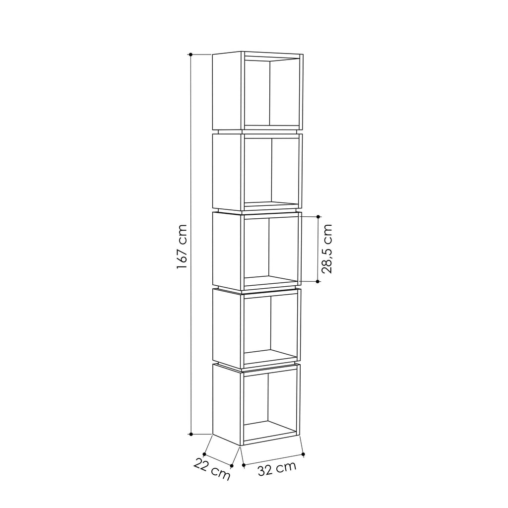 Tall bookcase display unit diagram with 167 cm height and shelf bays