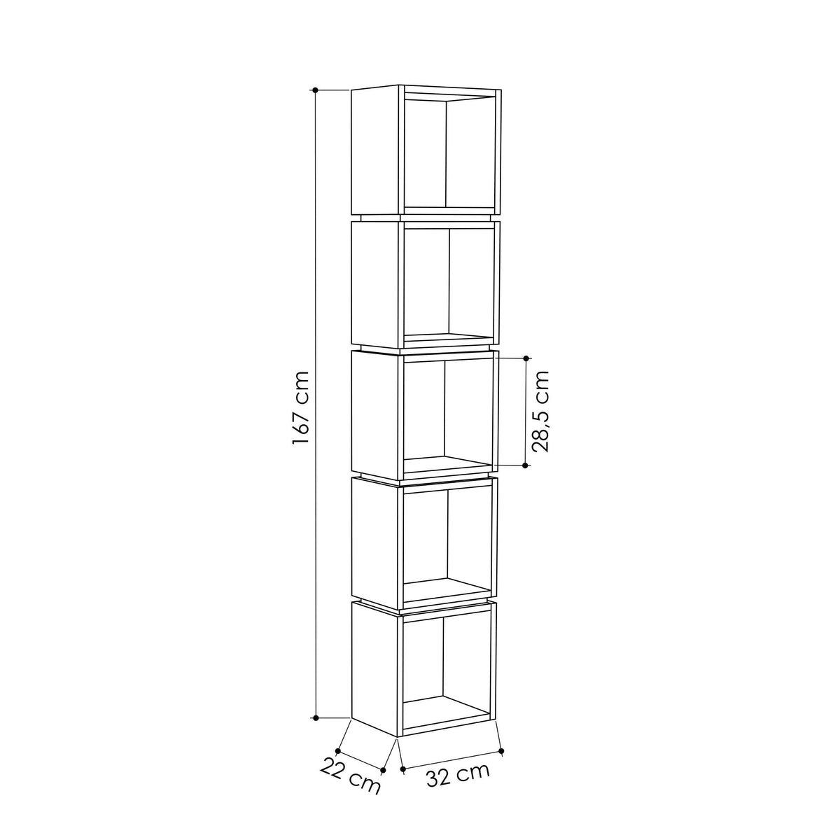Tall bookcase display unit diagram with 167 cm height and shelf bays