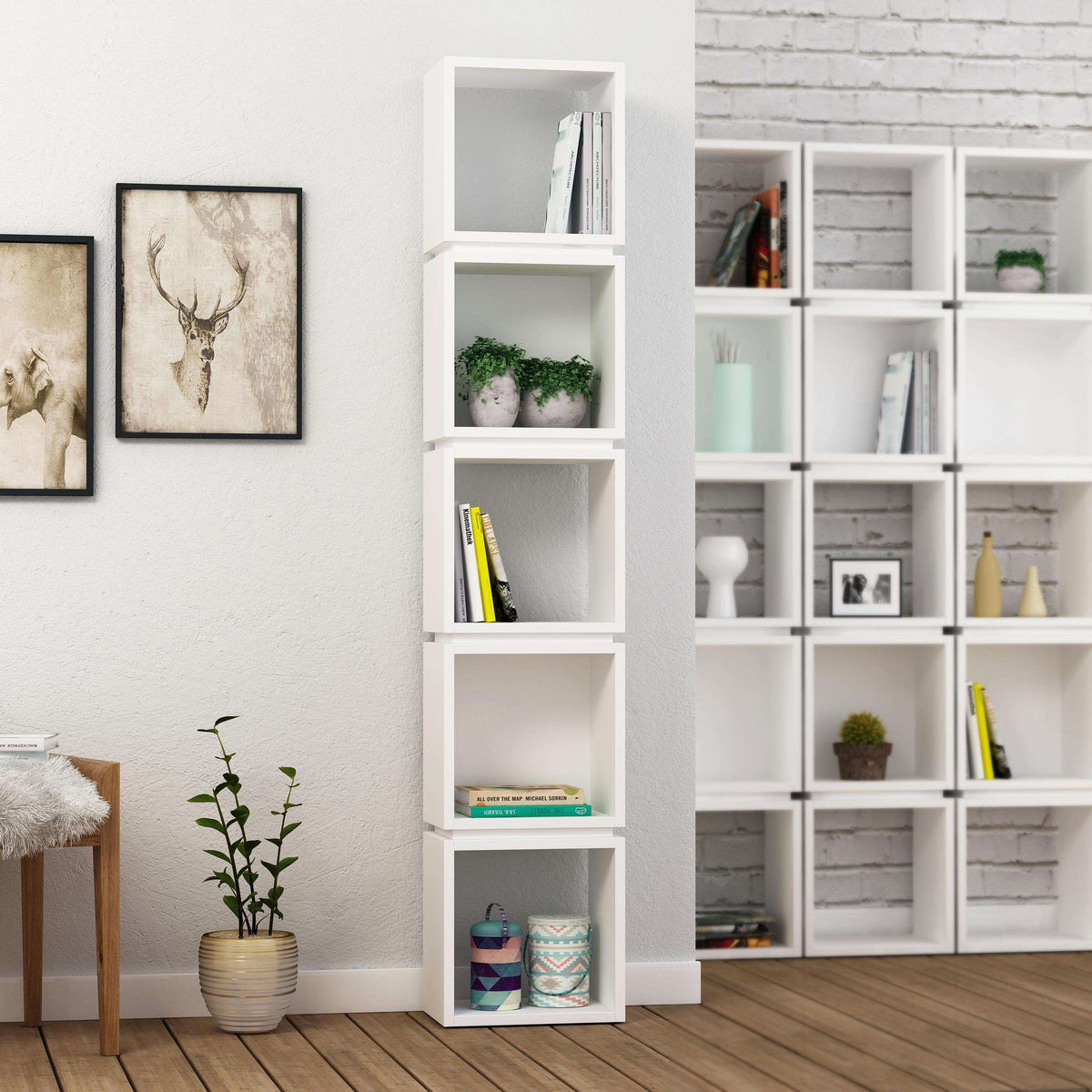 White tall bookcase display unit with five open shelves