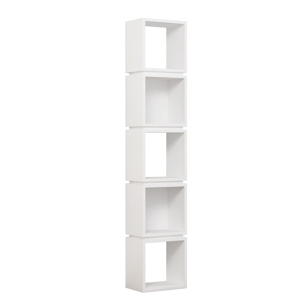 White tall bookcase display unit, front view with four shelves and open bays