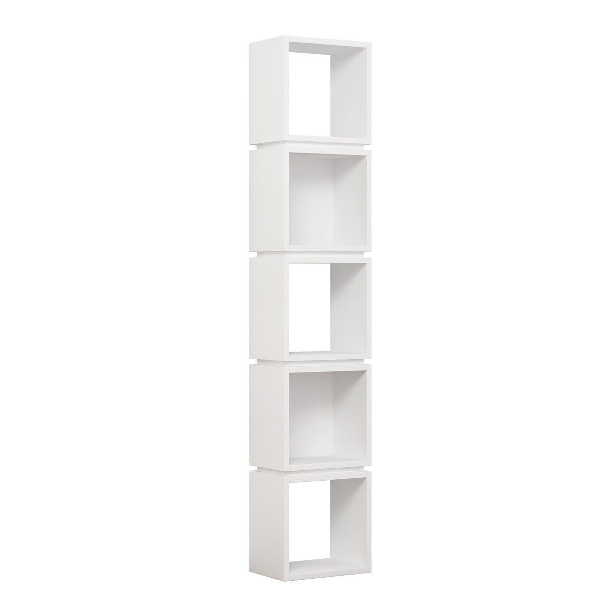 White tall bookcase display unit, front view with four shelves and open bays