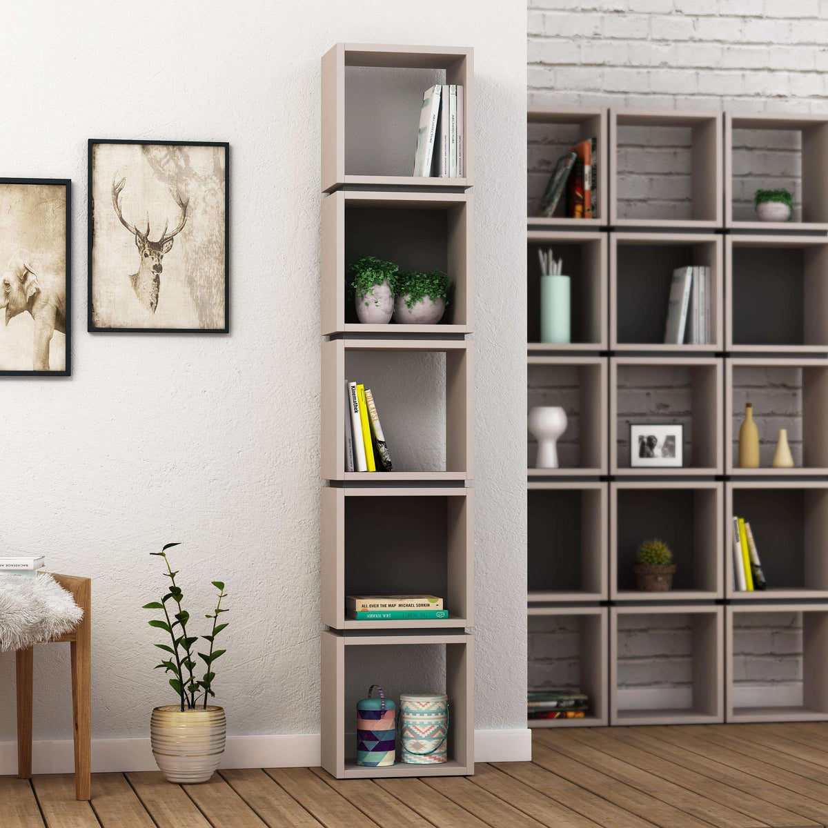 Tall white bookcase with stacked open cubby shelves for books and decor