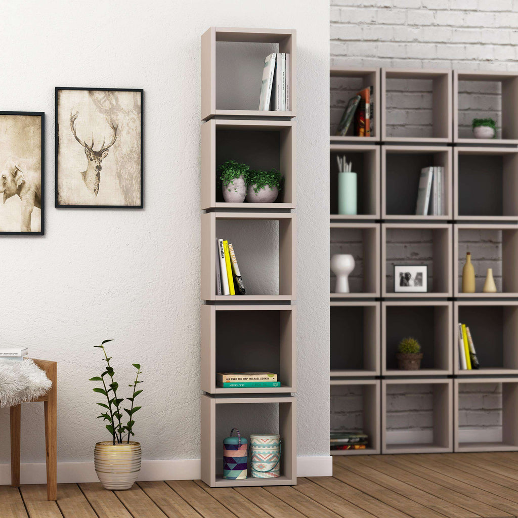 Light mocha tall bookcase display unit with five open shelves