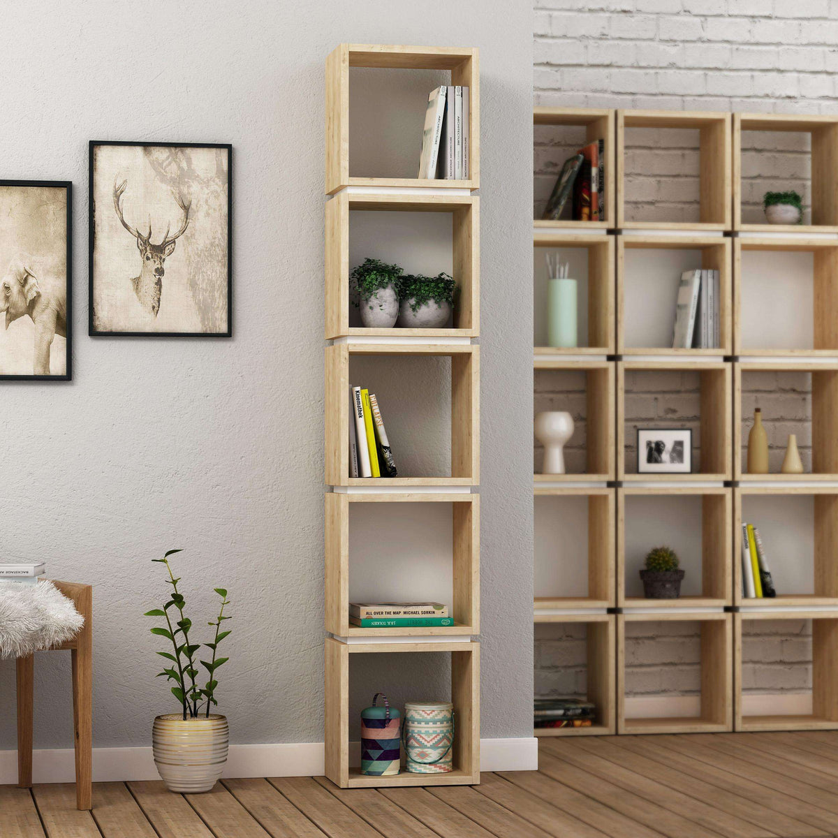 Oak tall bookcase display unit with five open shelves