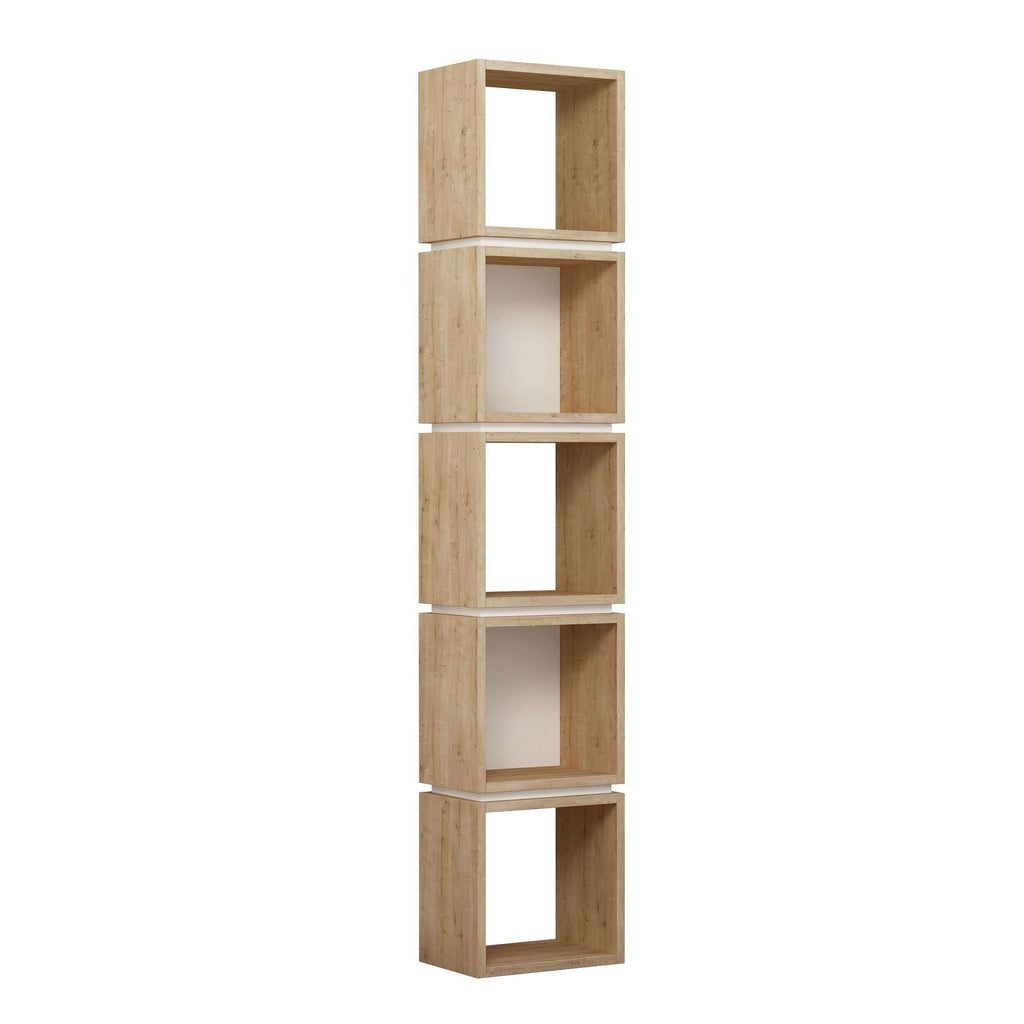 Light wood tall bookcase display unit with five open square shelves