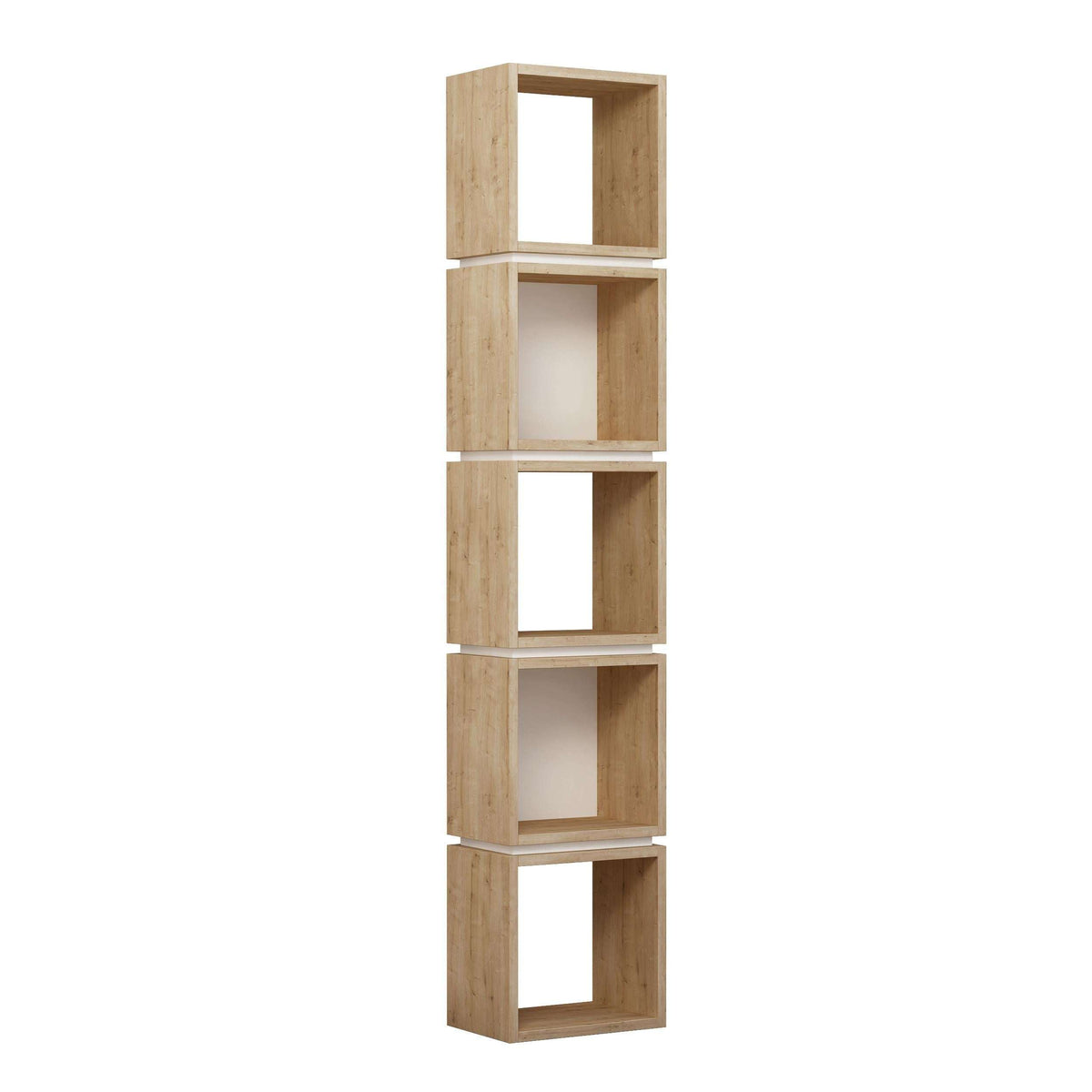 Light wood tall bookcase display unit with five open square shelves