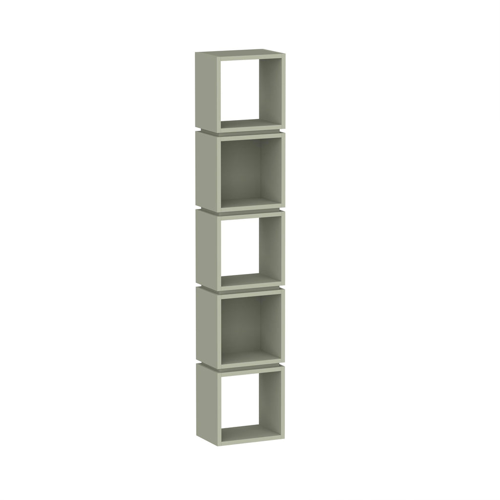 Ash green tall bookcase with five stacked open cube shelves