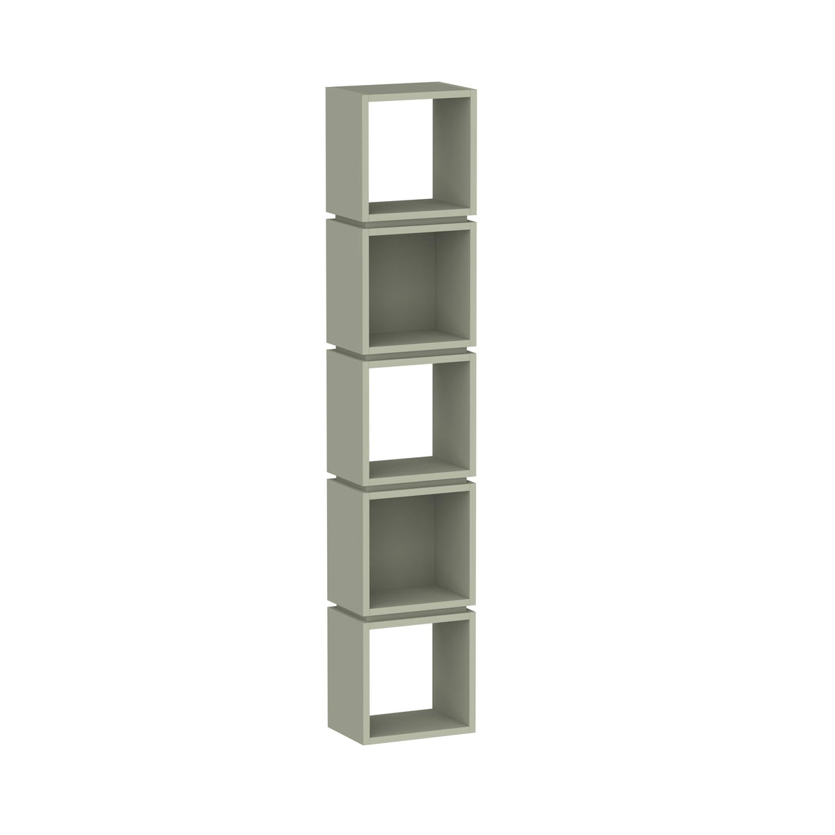 Ash green tall bookcase with five stacked open cube shelves