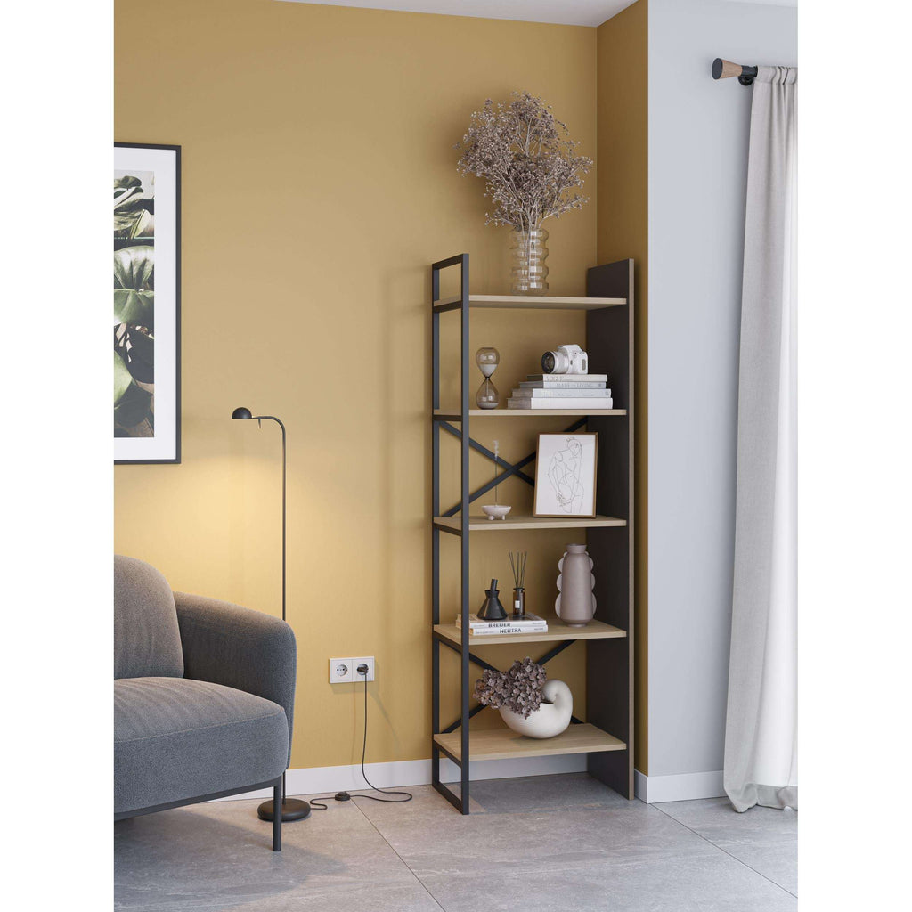 Industrial shelving unit with oak shelves and silky black steel frame for home display