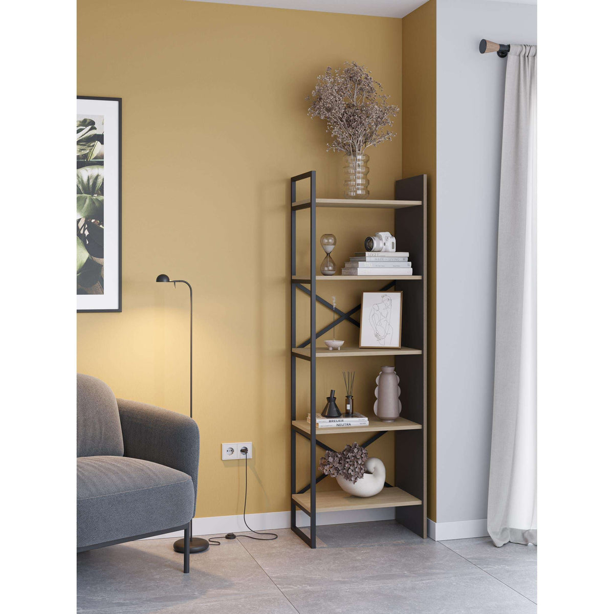 Industrial shelving unit with oak shelves and silky black steel frame for home display