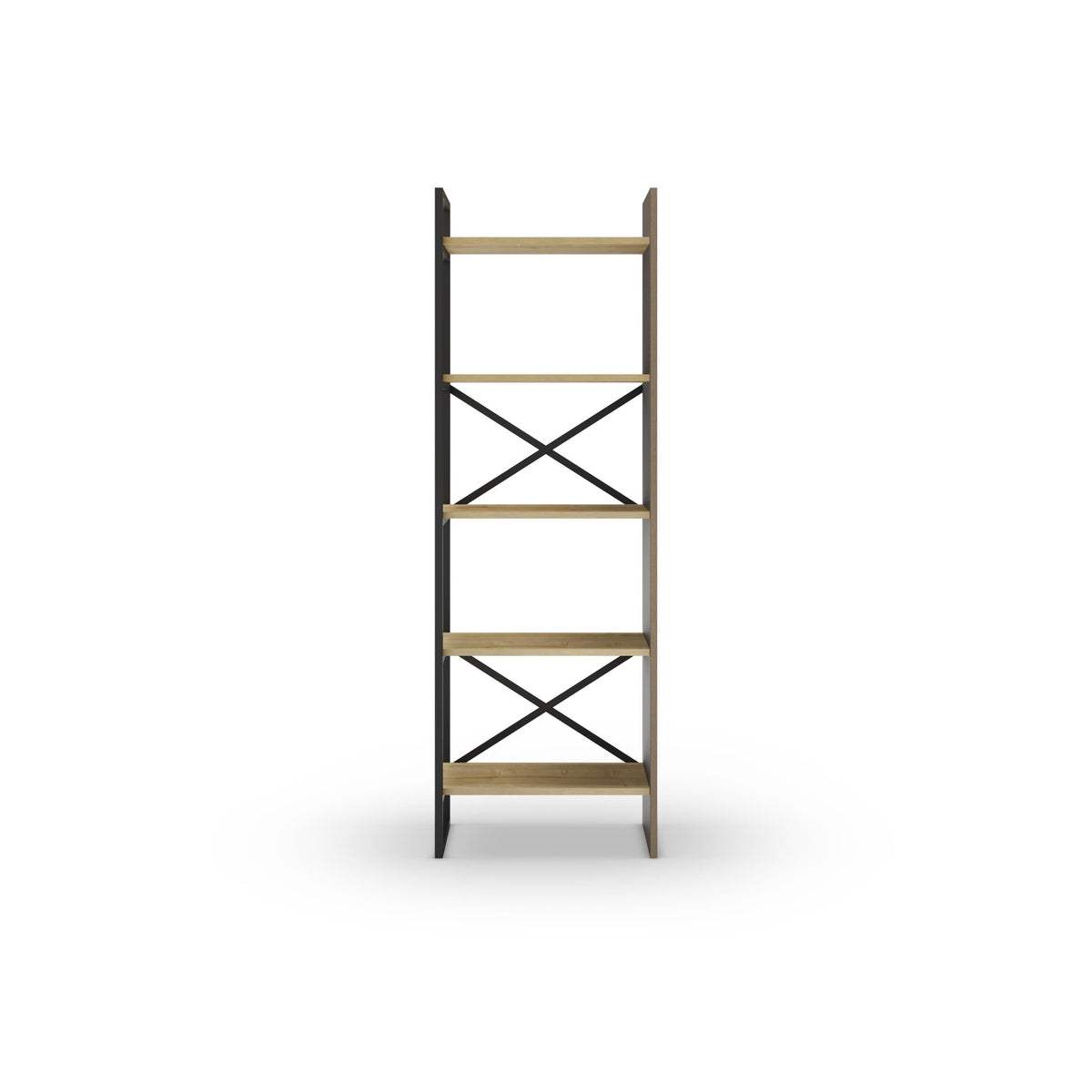 Open-frame bookcase with oak shelves and silky black legs, X-brace supports