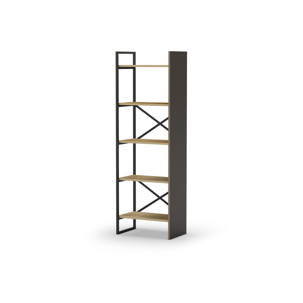Three-quarter view of oak-and-silky black open bookcase with X supports
