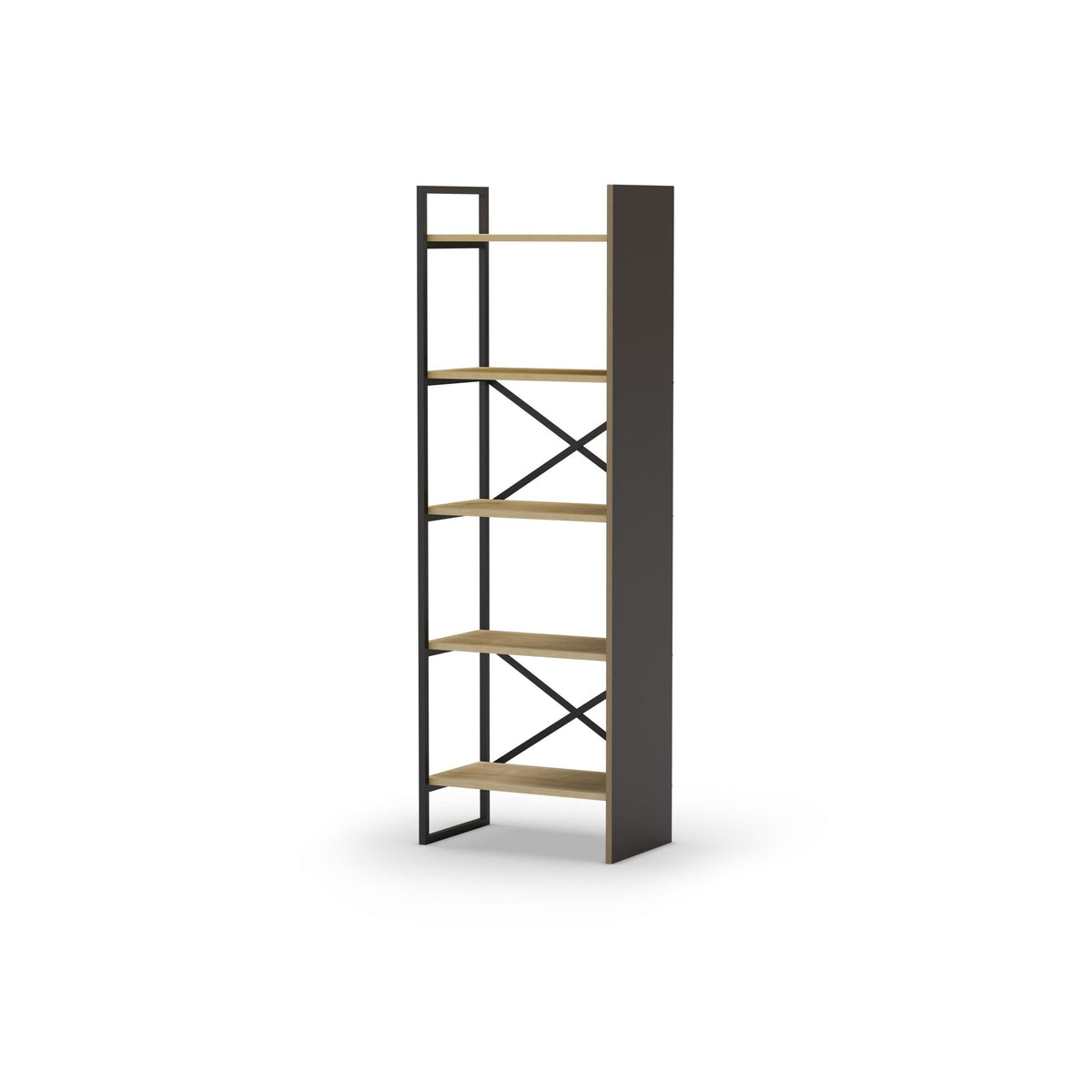 Three-quarter view of oak-and-silky black open bookcase with X supports