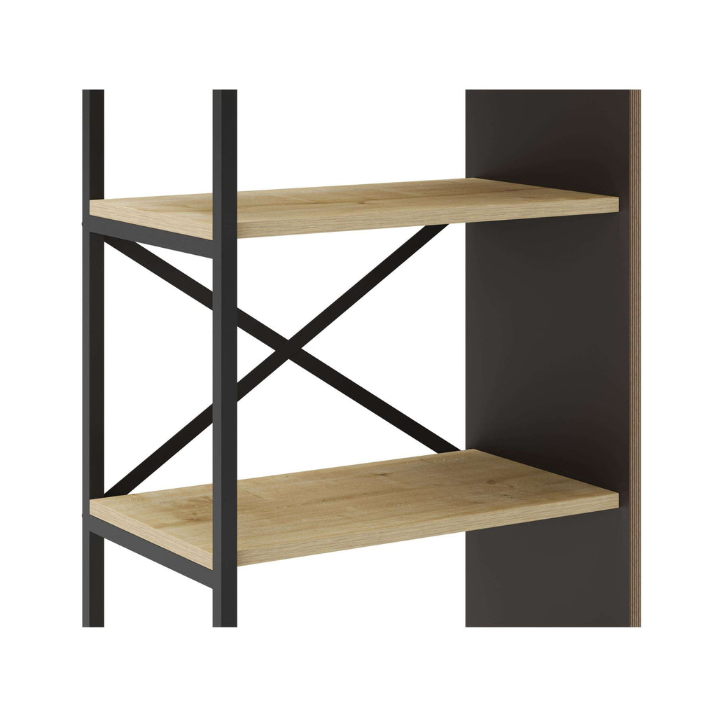 Oak shelves with black X-brace supports and matte silky black side panels
