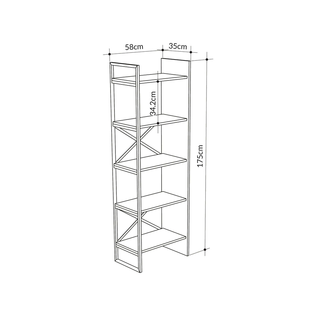 Bookcase shelving unit size diagram: 58 x 35 x 175 cm