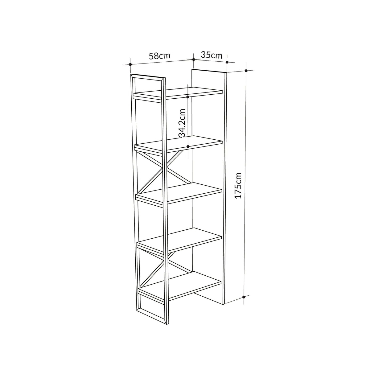 Bookcase shelving unit size diagram: 58 x 35 x 175 cm