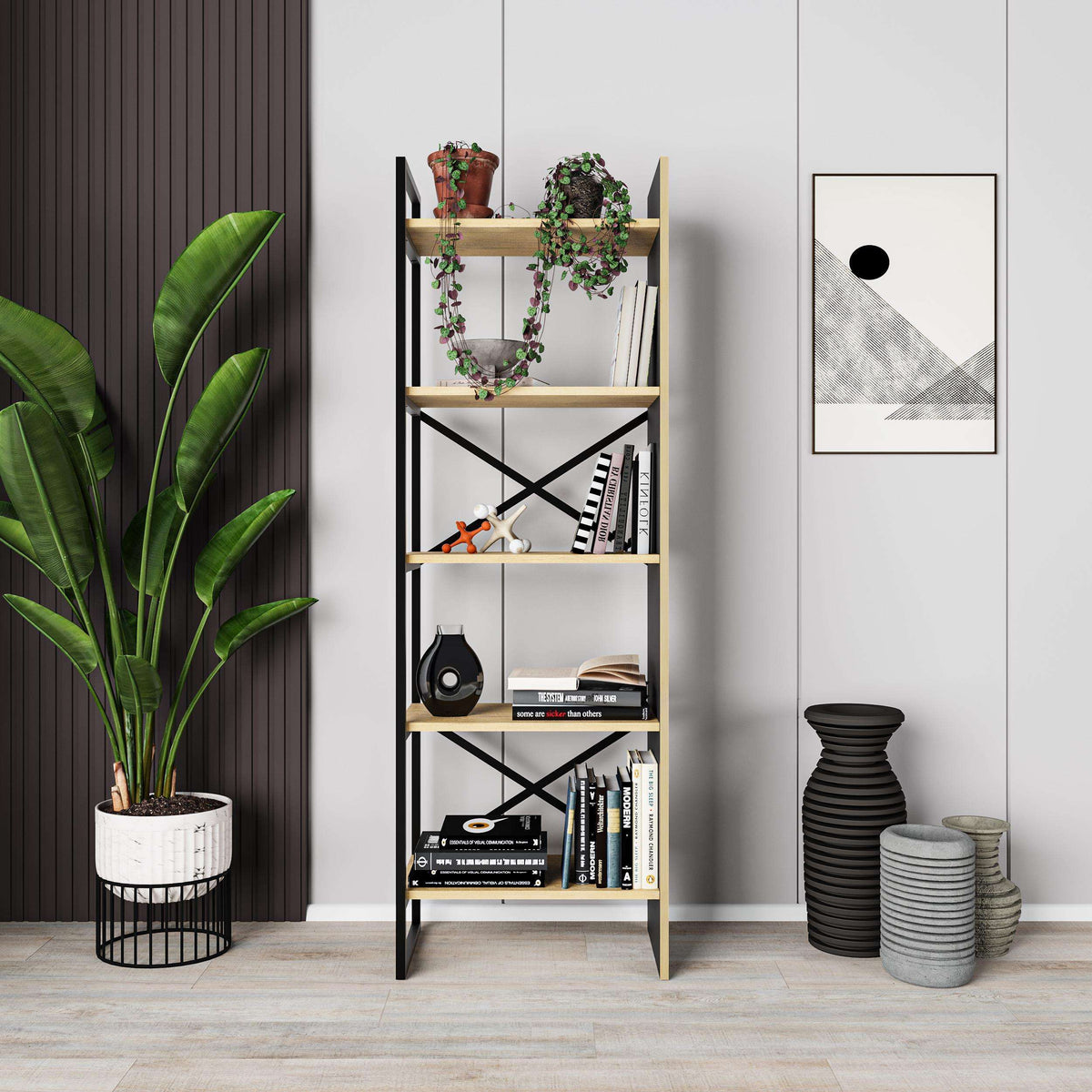 Industrial bookcase shelving unit with oak shelves and silky black frame, open storage