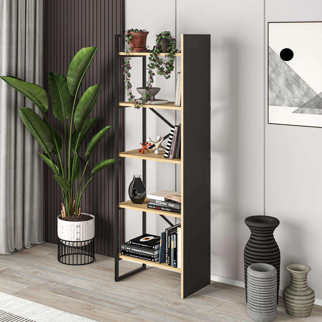 Freestanding industrial shelving unit with oak shelves, silky black frame, X supports
