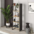 Freestanding industrial shelving unit with oak shelves, silky black frame, X supports