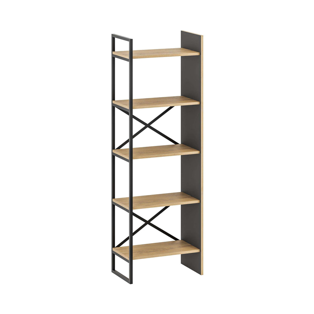 Open industrial bookcase with oak shelves and silky black metal frame, X cross braces