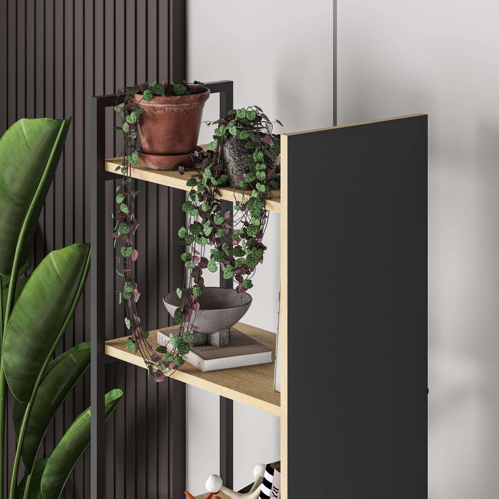 Corner view of oak-shelf bookcase with silky black side panels and open storage