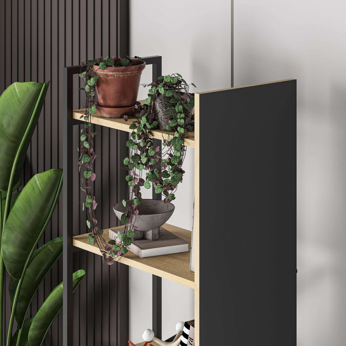 Corner view of oak-shelf bookcase with silky black side panels and open storage