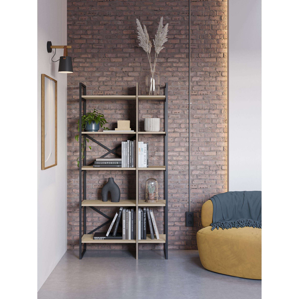 Oak and black shelving unit styled with books and small plants in open cubbies
