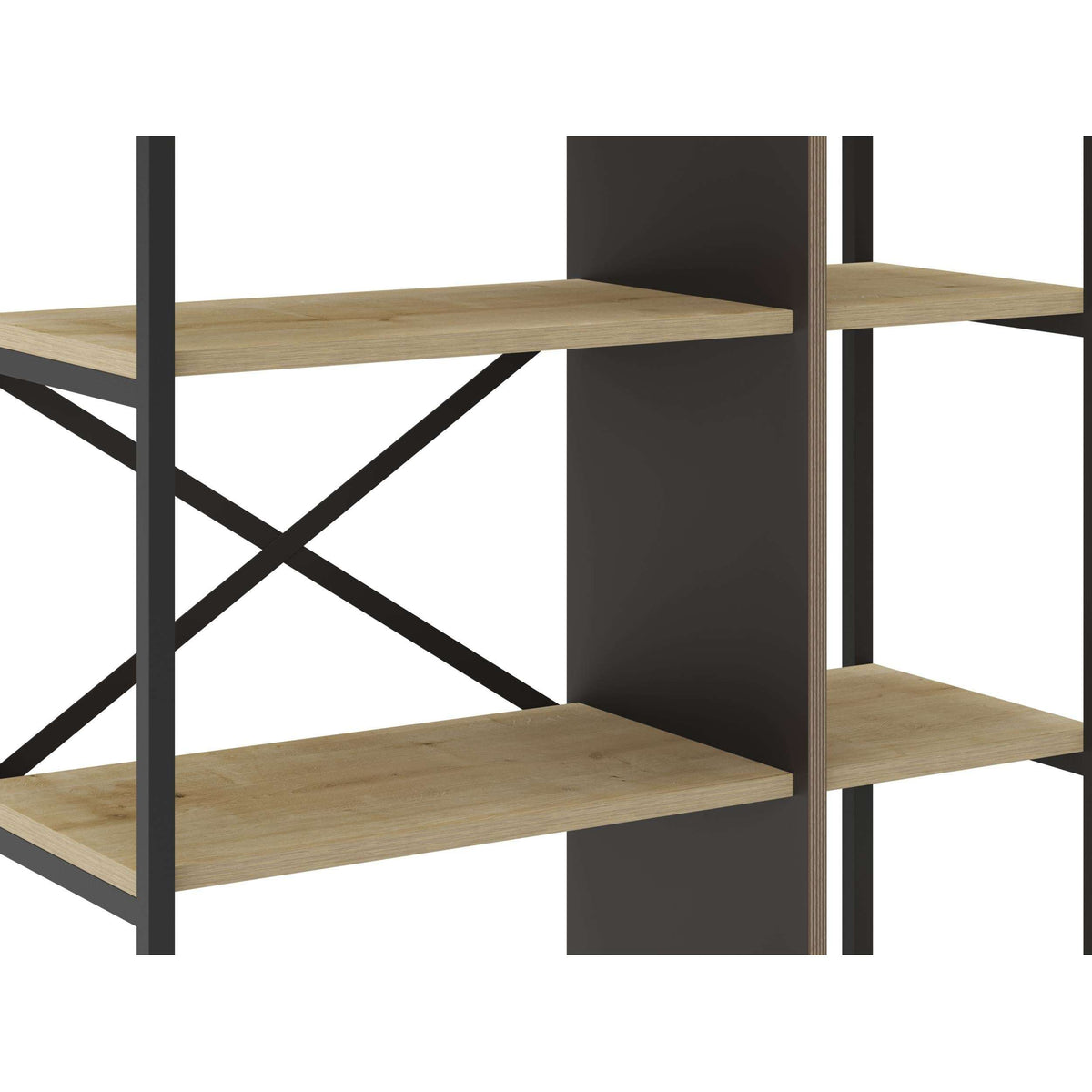 Close-up of oak shelves on black metal frame with diagonal X supports